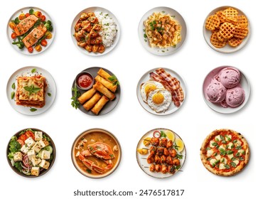 Various delicious foods set, top view plates of fast foods isolated on white background. Assortment of top view food dishes. pizza, pasta, salmon, lasagna, rolls, bbq, ice cream. Italian food set.  - Powered by Shutterstock