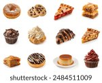 Various Desserts and sweets, freshly baked pastries and desserts set, isolated on white background. Strawberry pie, apple pie, baklava, cup cake, donut, cream puff, muffin, cookies. sweets collection.