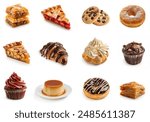 Various Desserts and sweets, freshly baked pastries and desserts set, isolated on white background. Strawberry pie, apple pie, baklava, cup cake, donut, cream puff, muffin, cookies. sweets collection.