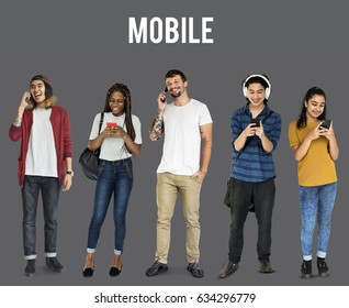 Various of diversity people standing using mobile phone on background
