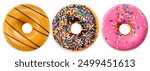 Various donuts,Donuts dough with a colorful sprinkles icingsugar, Chocolate Almond, Cinnamon powder and Sweet Strawberry Jam Donut isolate on white background with clipping path.