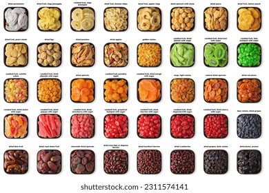various dried fruits and sun-dried berries. large set vegetarian food. - Shutterstock ID 2311574141