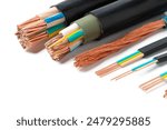 Various Electrical Wires With Exposed Copper Strands on White Background