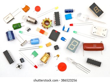 Various electronic components on the white background