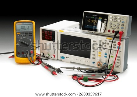 Various electronic testing devices are arranged on a workbench, showcasing multimeter readings and setup for analysis and measurement tasks.