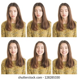 Various emotions in portrait collection of beautiful teenage girl