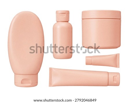 Various empty light pink plastic bottles, jars, and tubes in different shapes and sizes.