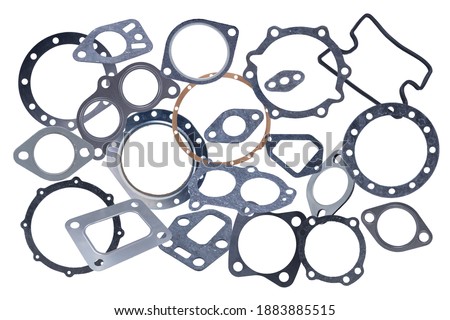 Various engine gaskets isolated on white background