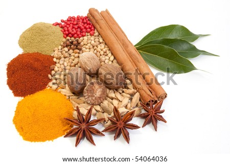 Various exotic spices isolated on white background