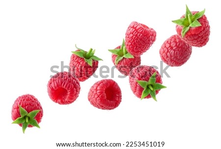 Various falling fresh ripe raspberries isolated on white background, horizontal composition