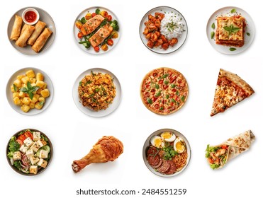 Various fast food top view set. All Fast foods collection isolated on white background. lasagna, ramen noodles, shawarma, pizza, fried chicken, tofu salad, pasta, fried rice, salmon, spring rolls. 