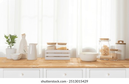 Various food ingredients and kitchen items on table over window curtain in daylight - Powered by Shutterstock