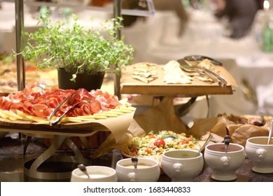 Various Food Served On A Buffet: Pasta With Vegetable, Prosciutto And Cheese Spread And Traditional Croatian Savory Pie. Selective Focus.