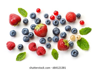 various fresh berries isolated on white background, top view
