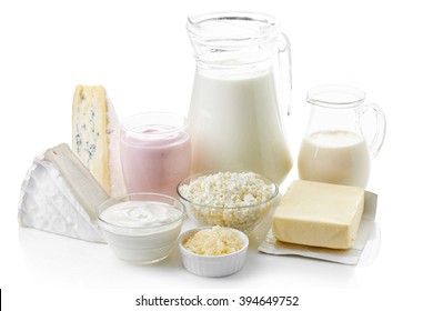 Various fresh dairy products isolated on white background