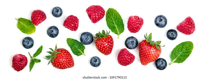 Various fresh forest berries isolated on white background, top view. Berry border frame. Flat lay. - Powered by Shutterstock