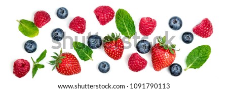 Various fresh forest berries isolated on white background, top view. Berry border frame. Flat lay.