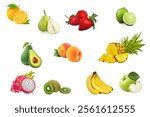 Various fresh fruits set on white background. Orange, pear, strawberry, lime, avocado, peach, pineapple, kiwi, banana, apple, dragon fruit isolated. Assortment of top view fresh fruits.