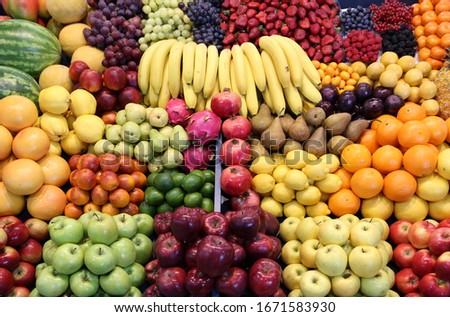 Various fresh summer exotic fruits for sale on market


