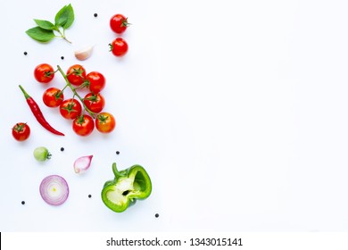Various fresh vegetables and herbs on white background. Healthy eating concept - Shutterstock ID 1343015141