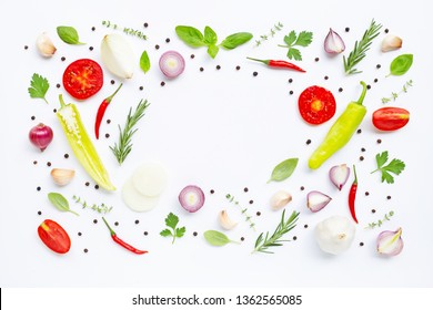 Various fresh vegetables and herbs on white background. Healthy eating concept - Shutterstock ID 1362565085