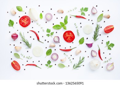 Various fresh vegetables and herbs on white background. Healthy eating concept - Shutterstock ID 1362565091