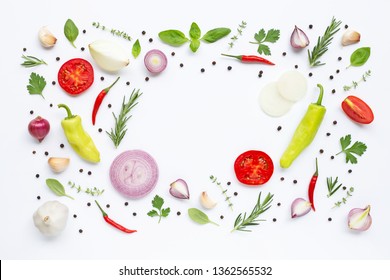 Various fresh vegetables and herbs on white background. Healthy eating concept - Shutterstock ID 1362565532