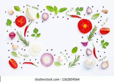 Various fresh vegetables and herbs on white background. Healthy eating concept - Shutterstock ID 1362859064