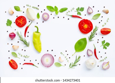 Various fresh vegetables and herbs on white background. Healthy eating concept - Shutterstock ID 1434273401