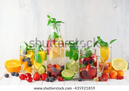 Similar – Infused water in bottles with drink straw and ingredients on white background, front view. Water Flavored with fruits, berries and herbs. Summer drinks. Healthy and clean detox beverages.