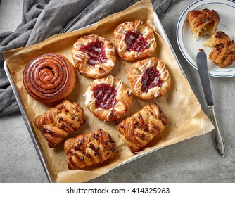 various freshly baked sweet buns, top view