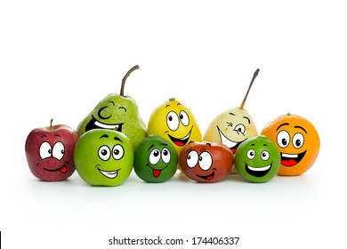 Various fruit cartoon characters on white background