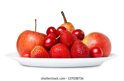 Various Fruit On A Plate Isolated On White Background. Side View