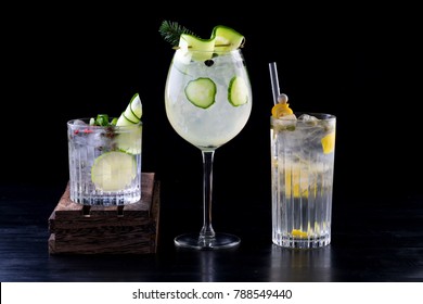 Various Gin Tonic Mixed Fancy Drink Cocktail Garnish Glass Plain Background