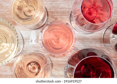 Various Glasses Of Wine, Overhead Flat Lay Shot On A Wooden Background