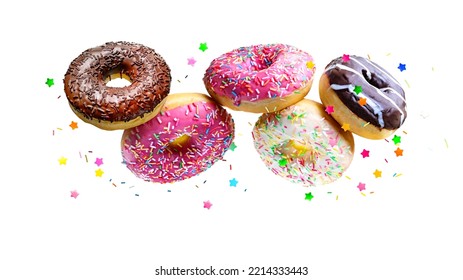 Various glazed Donuts with sprinkles flying on white background. - Powered by Shutterstock