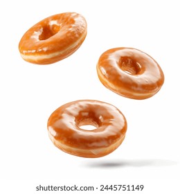 Various glazed doughnuts in motion flying on white background. Plain glazed donuts floating. bakery donuts isolated - Powered by Shutterstock