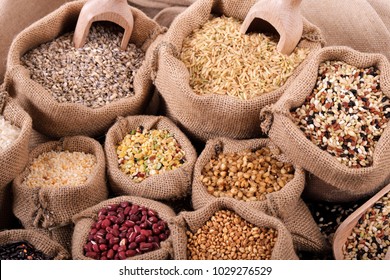 Various grains and cereals in sack on market stall