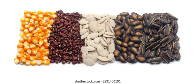 Various grains (corn, red beans, pumpkin seeds, melon seeds, sunflower seeds) isolated on white background. - Shutterstock ID 2231456101