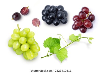 Various grapes and half sliced with grape leaf isolated on white background. Top view. Flat lay.  - Powered by Shutterstock