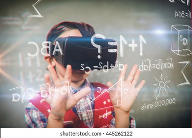 Various graphs and connectivity points against boy using a virtual reality device - Powered by Shutterstock