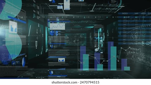 Various graphs and data visualizations floating in digital space. They showing trends and statistics on a futuristic interface