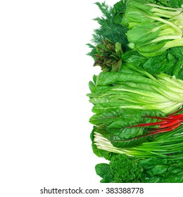 Various Green Leafy Vegetables In Row On White Background. Top View Point.