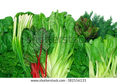 Various green leafy vegetables in row on white background. Top view point.