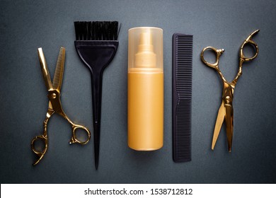 Various Hair Dresser And Cut Tools On Black Background With Copy Space