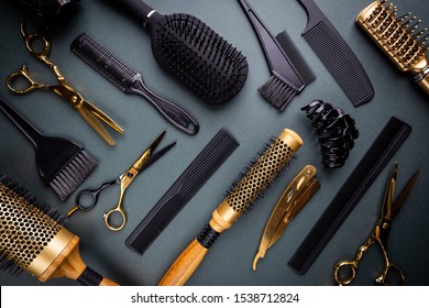 Various Hair Dresser And Cut Tools On Black Background With Copy Space