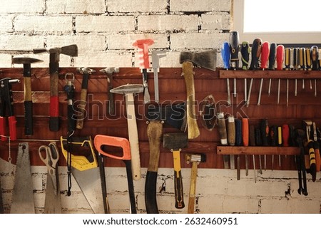 Various hand tools including hammers, saws, axes, and screwdrivers neatly arranged on a wooden wall in a workshop. Concept of manual labor, carpentry, and craftsmanship.