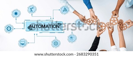 Various hands join together showcasing gears connected by technology icons, representing the concept of automation, teamwork, and modern business solutions in an office setting. Trope