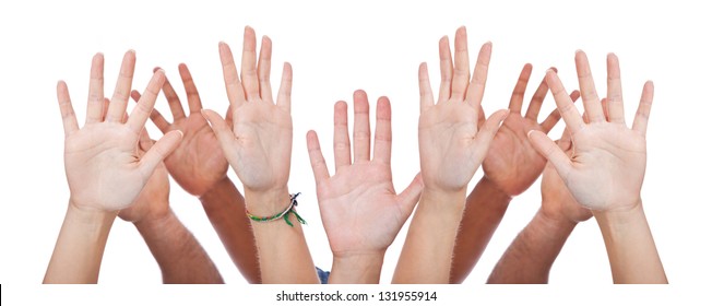 Various Hands Lifted Up In The Air. All On White Background