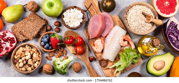 Various healthy foods for dash diet.Banner - Shutterstock ID 1754486762